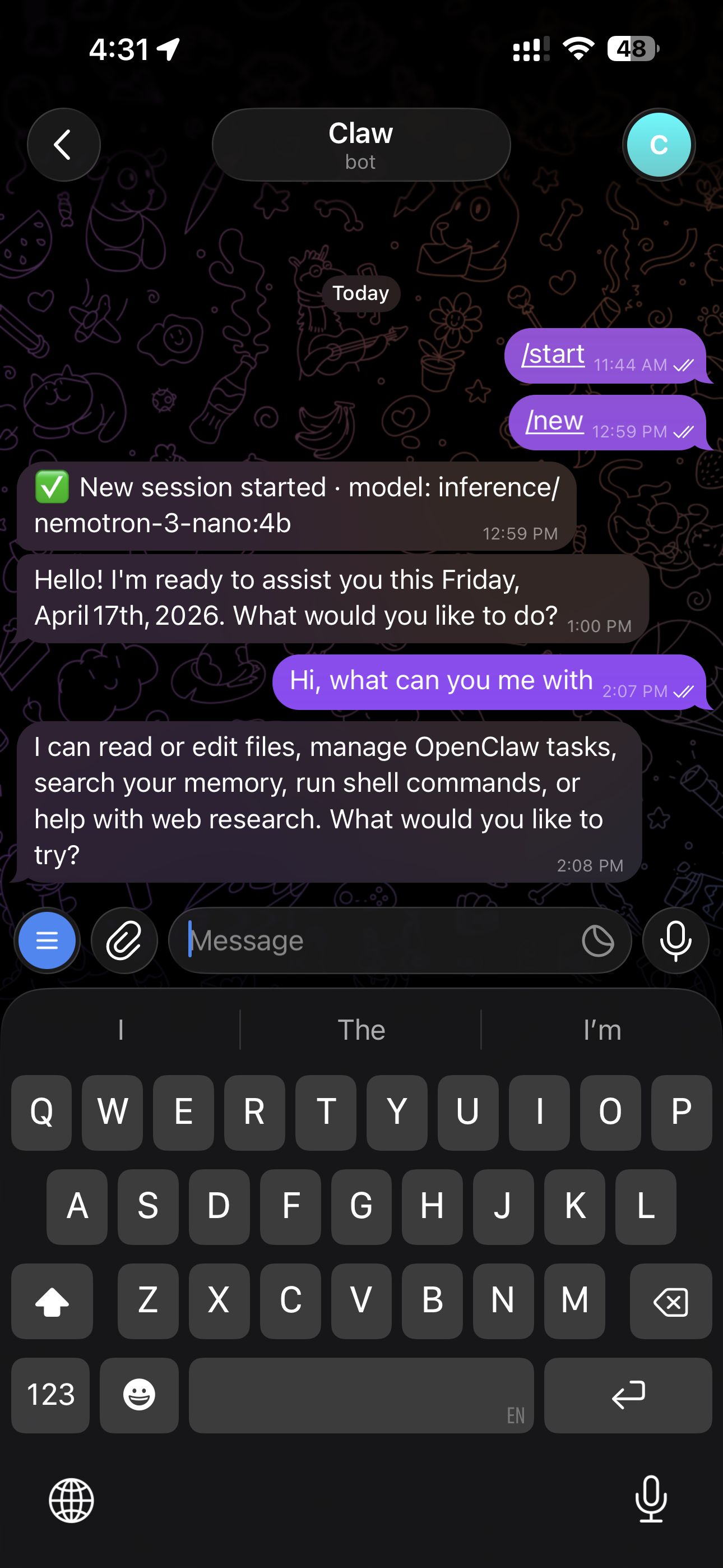NemoClaw responding over Telegram