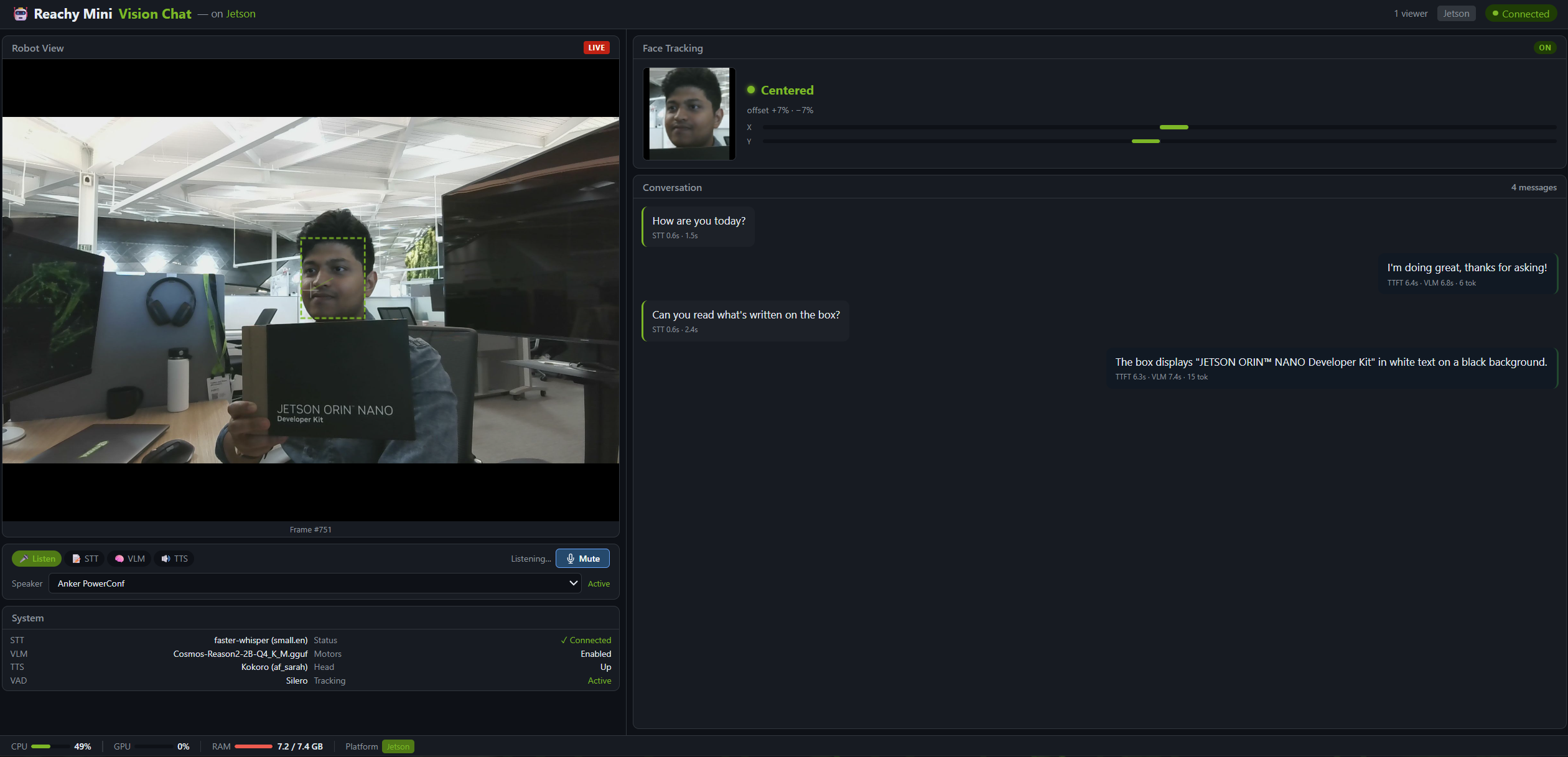 Reachy Mini Web Vision Chat interface running on Jetson