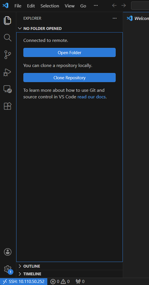 VS Code connected to Jetson via SSH showing Open Folder and SSH indicator