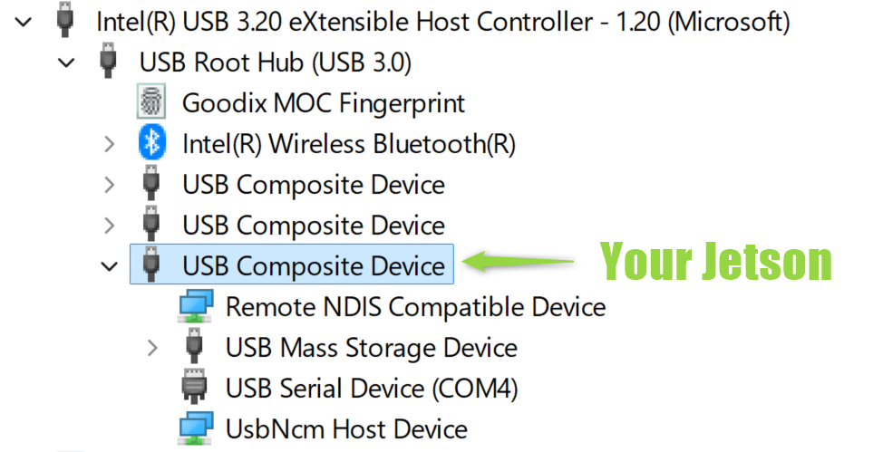Windows Device Manager showing USB device mode